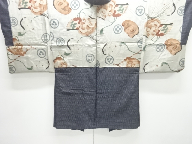 JAPANESE KIMONO / ANTIQUE MENS HAORI / SILK / DORO OSHIMA TSUMUGI / NOH MASK